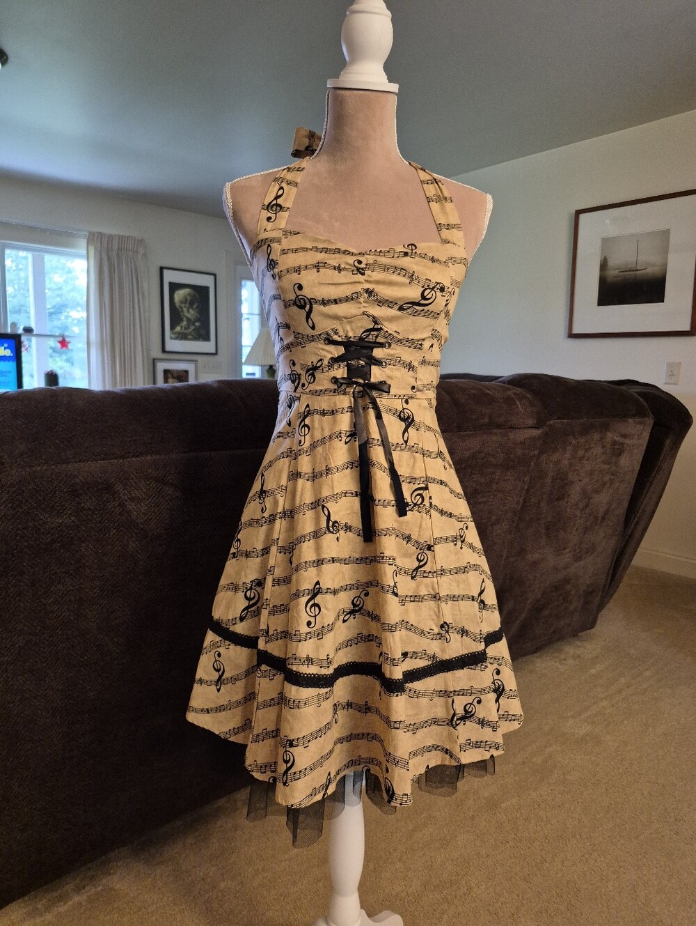 Hot Topic Womens Beige Music Note Halter Dress with Black Trim Size Small